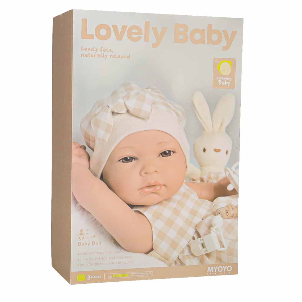 Lėlė kūdikis su nešiojimo krepšiu, čiulptuku ir pliušiniu triušiu, 38 cm, smėlio