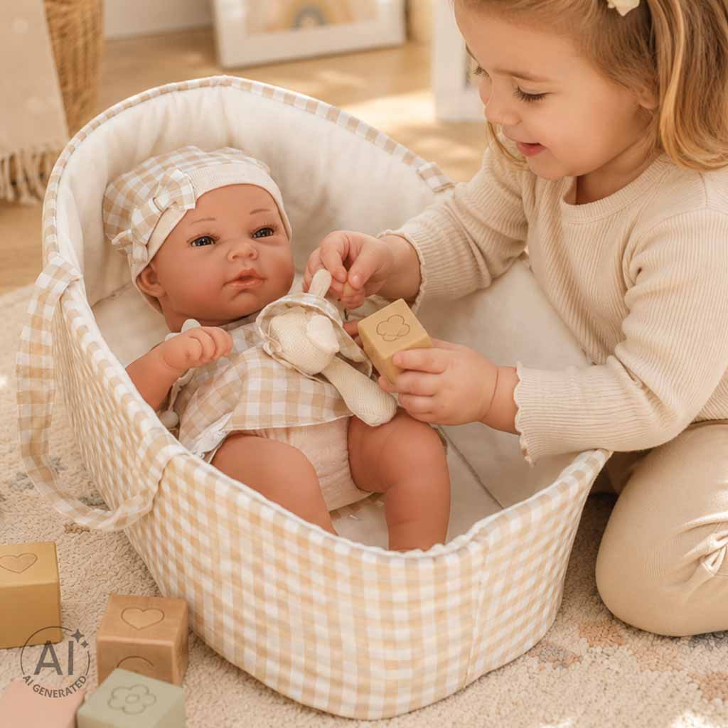 Lėlė kūdikis su nešiojimo krepšiu, čiulptuku ir pliušiniu triušiu, 38 cm, smėlio