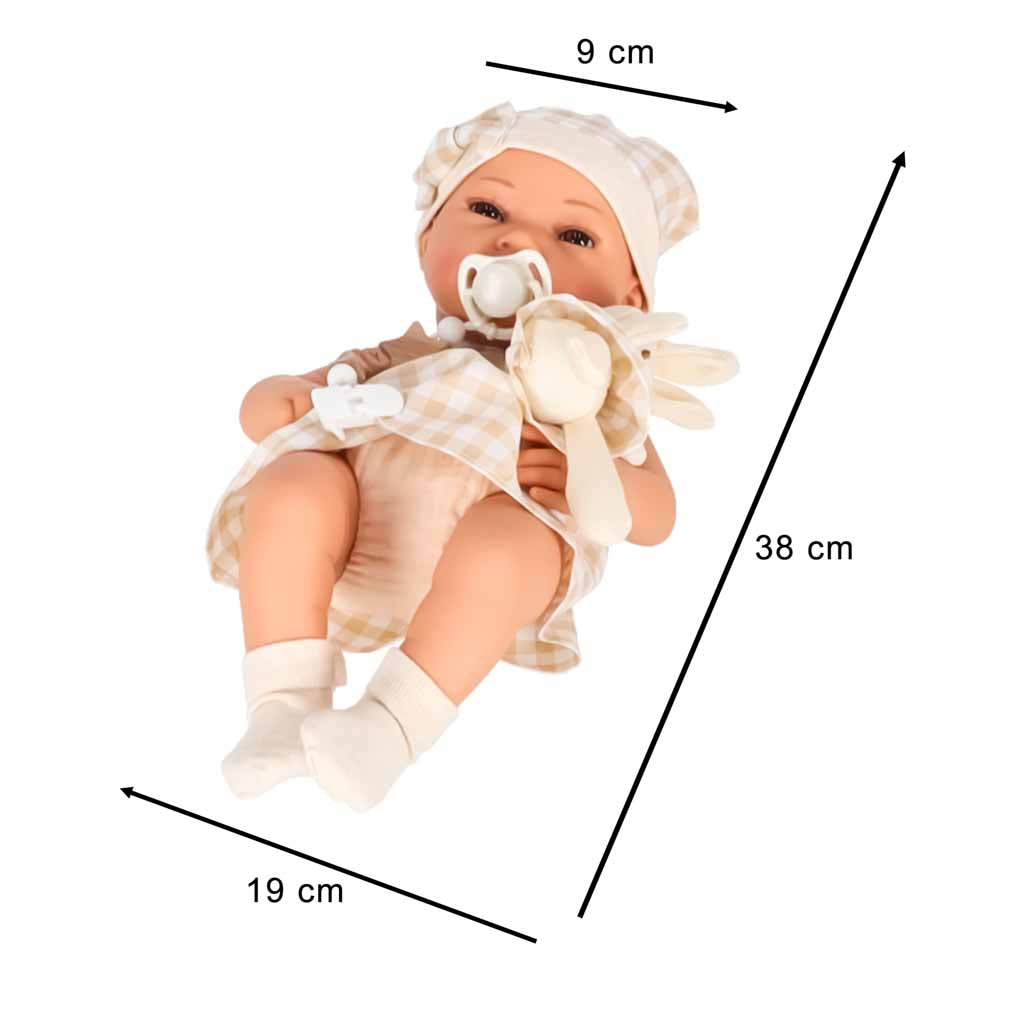 Lėlė kūdikis su nešiojimo krepšiu, čiulptuku ir pliušiniu triušiu, 38 cm, smėlio