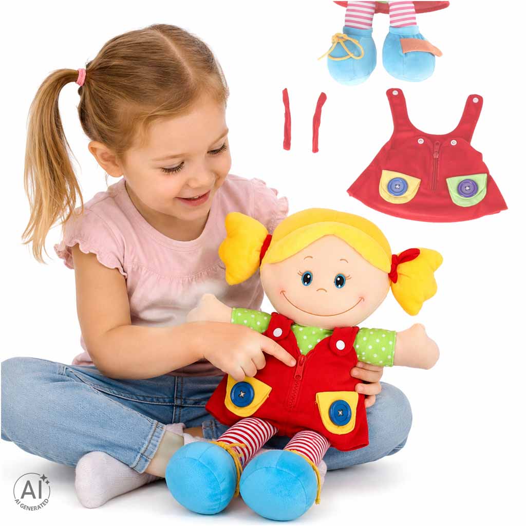 Medžiaginė lėlė mergaitė mokymuisi rengtis, lavinamasis žaislas 46 cm