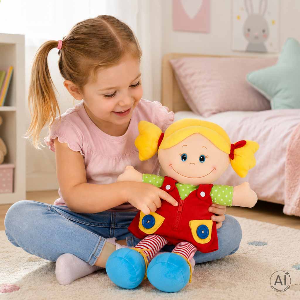 Medžiaginė lėlė mergaitė mokymuisi rengtis, lavinamasis žaislas 46 cm