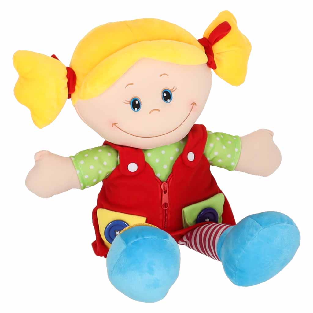 Medžiaginė lėlė mergaitė mokymuisi rengtis, lavinamasis žaislas 46 cm