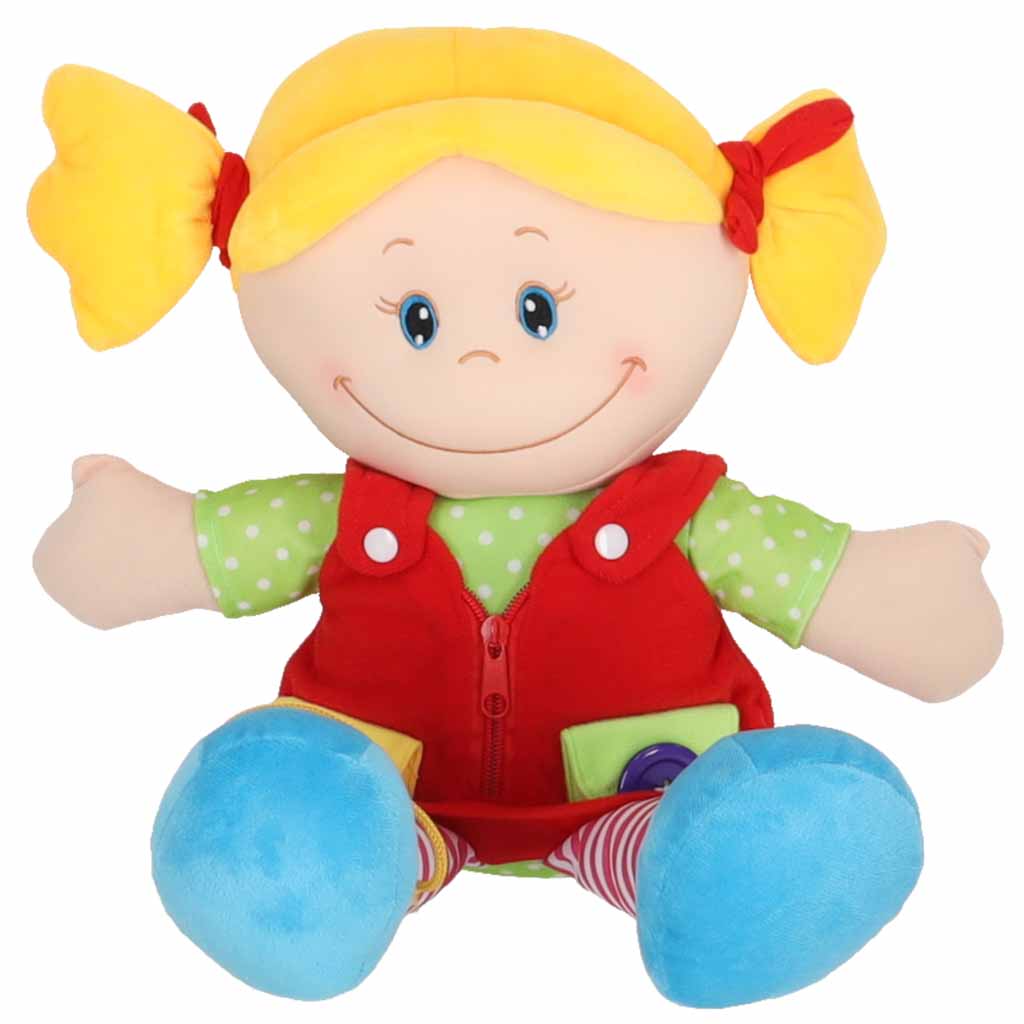 Medžiaginė lėlė mergaitė mokymuisi rengtis, lavinamasis žaislas 46 cm