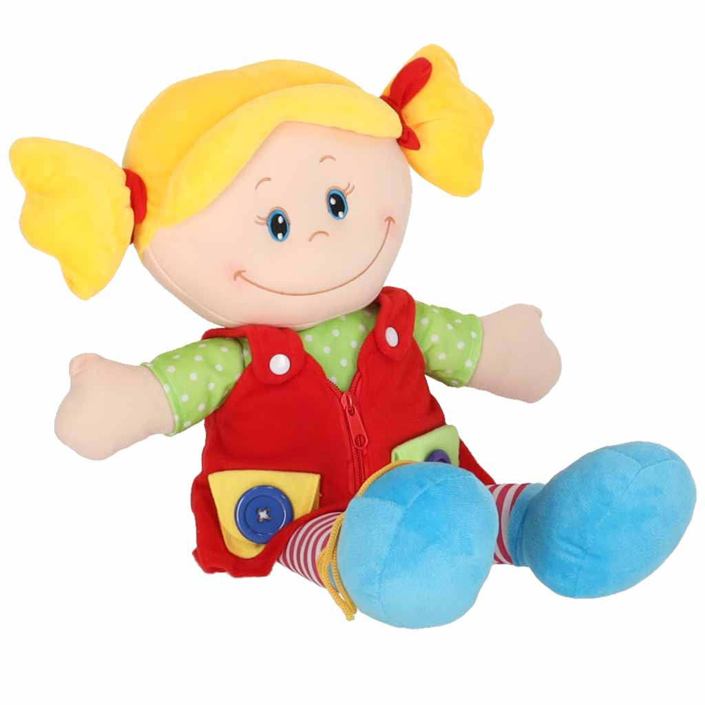 Medžiaginė lėlė mergaitė mokymuisi rengtis, lavinamasis žaislas 46 cm