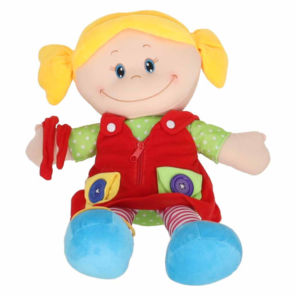 Medžiaginė lėlė mergaitė mokymuisi rengtis, lavinamasis žaislas 46 cm
