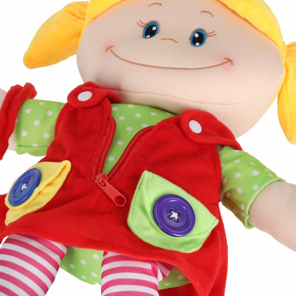 Medžiaginė lėlė mergaitė mokymuisi rengtis, lavinamasis žaislas 46 cm