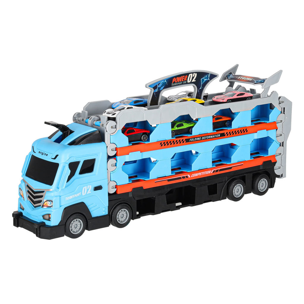 Sunkvežimis-traliukas su automobilių trasa, 210 cm, 8 automobiliai
