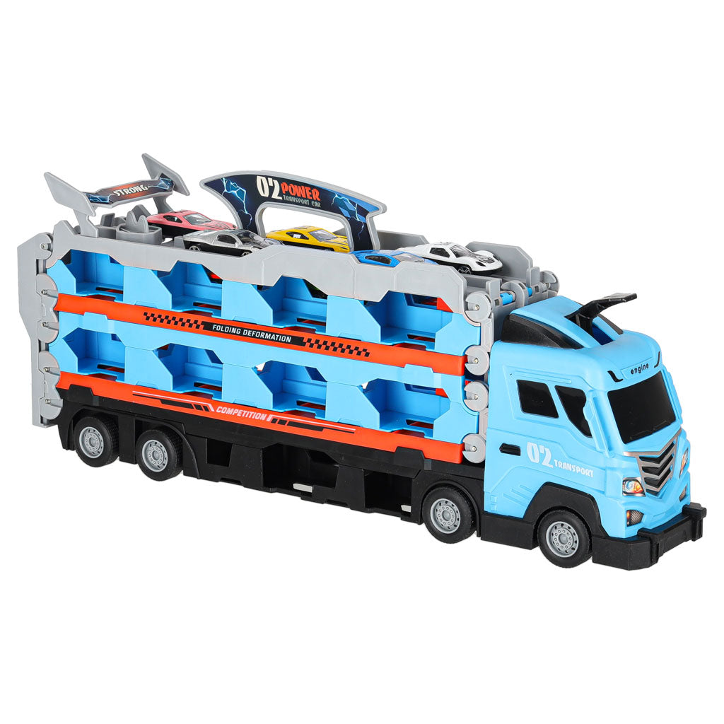 Sunkvežimis-traliukas su automobilių trasa, 210 cm, 8 automobiliai