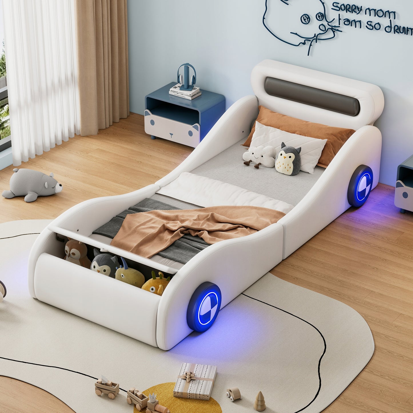 Vaikų automobilio formos lova 90x200 cm su daiktadėže, geltona – vaizdas 2