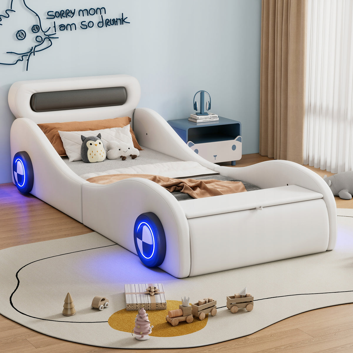 Vaikų automobilio formos lova 90x200 cm su daiktadėže, geltona – pagrindinis vaizdas