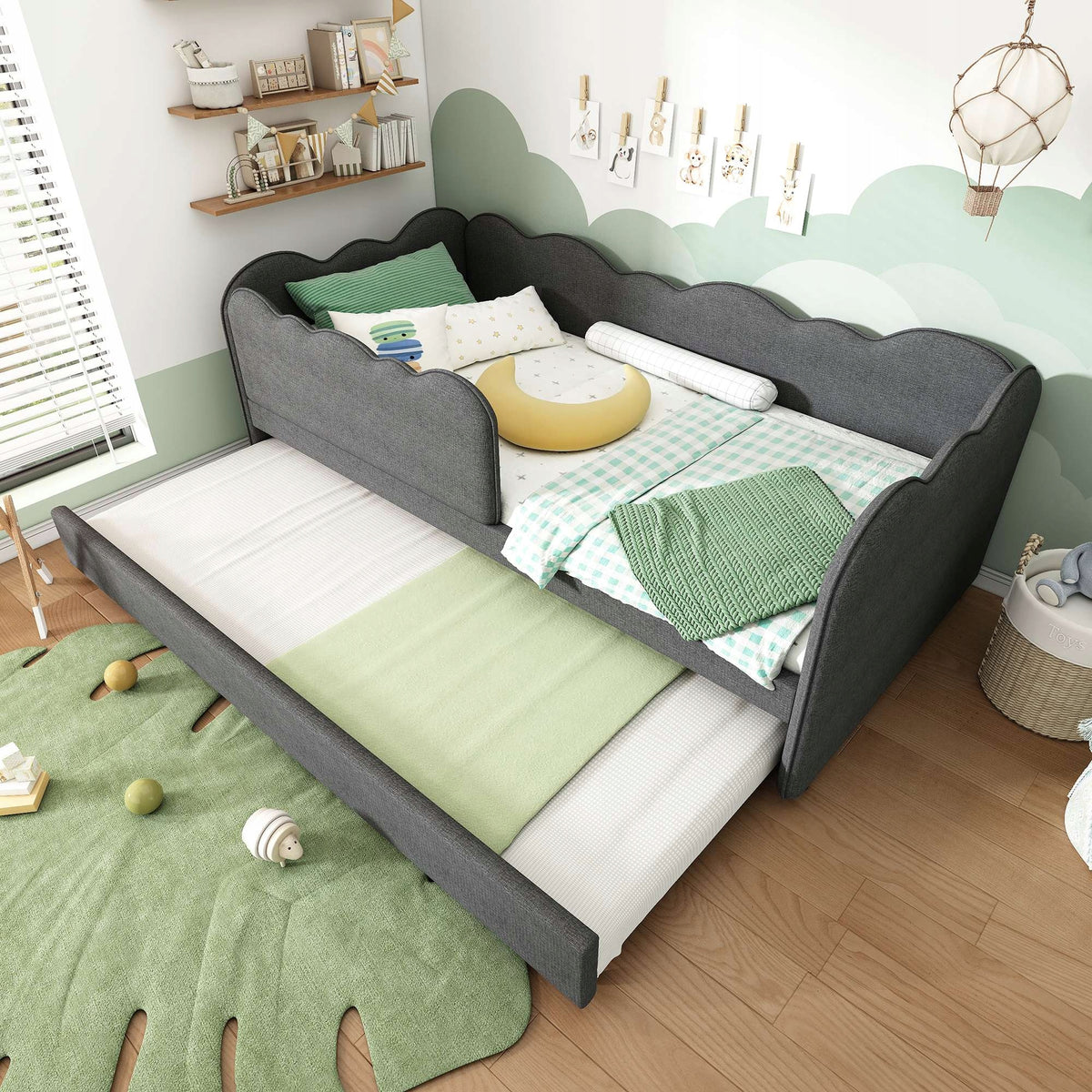 Vaikų ištraukiama sofa-lova 90x190 cm pilka – pagrindinis vaizdas