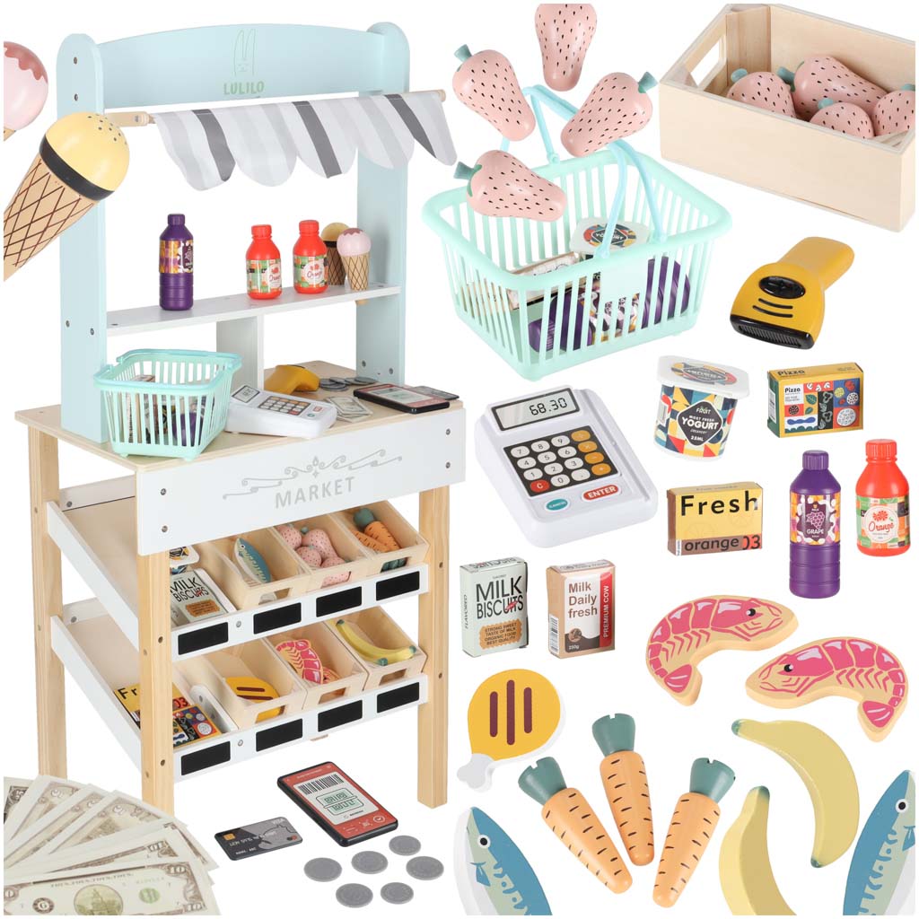 Medinis prekybos paviljonas su kasos aparatu vaikams