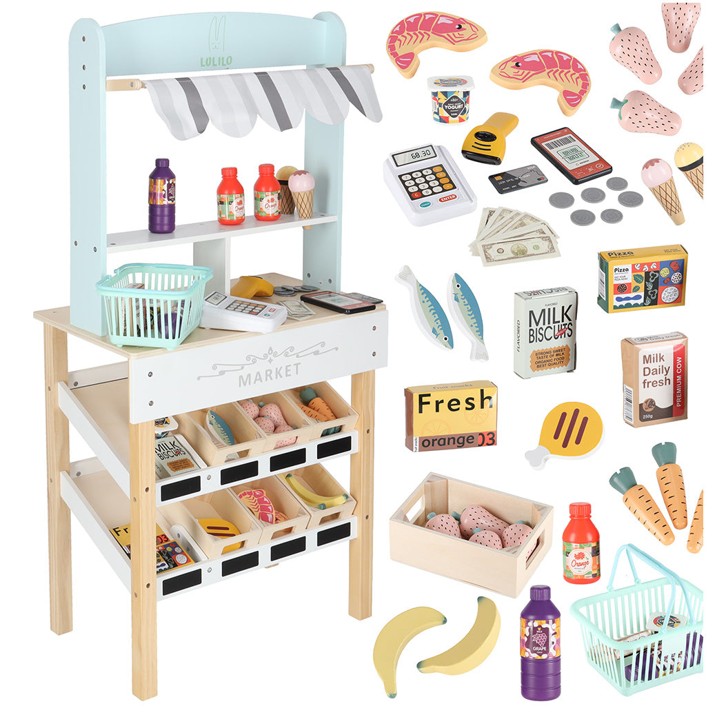 Medinis prekybos paviljonas su kasos aparatu vaikams – pagrindinis vaizdas