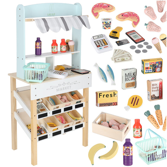 Medinis prekybos paviljonas su kasos aparatu vaikams – pagrindinis vaizdas