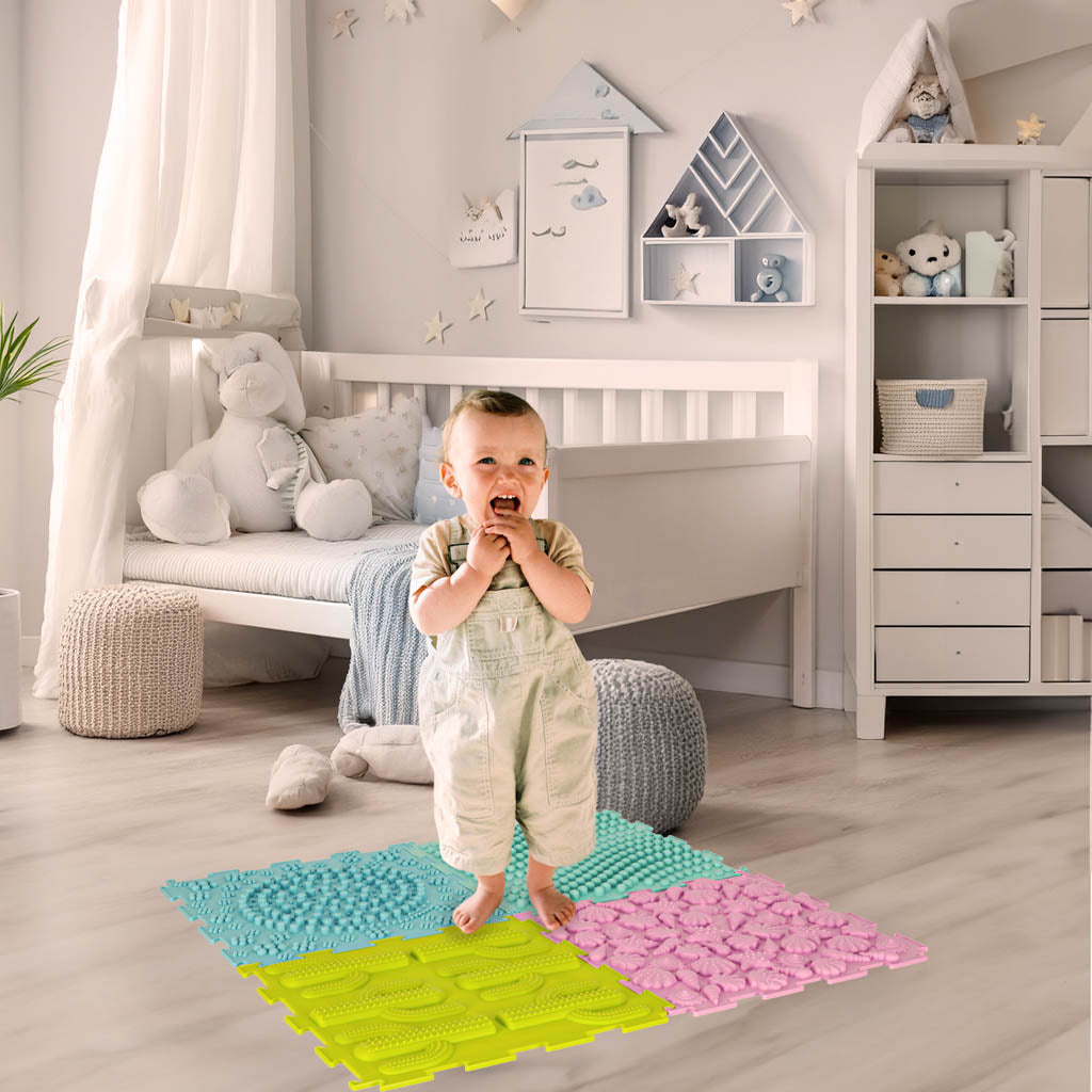 Sensorinis kilimėlis Montessori pėdų masažui – 8 dalių pastelinių spalvų