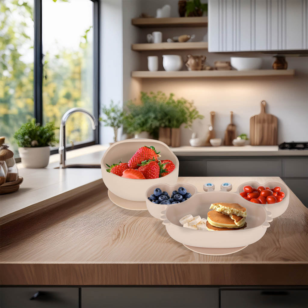 Silikoninių indų rinkinys kūdikiams ir vaikams, krabo formos, 9 dalių, smėlio spalvos