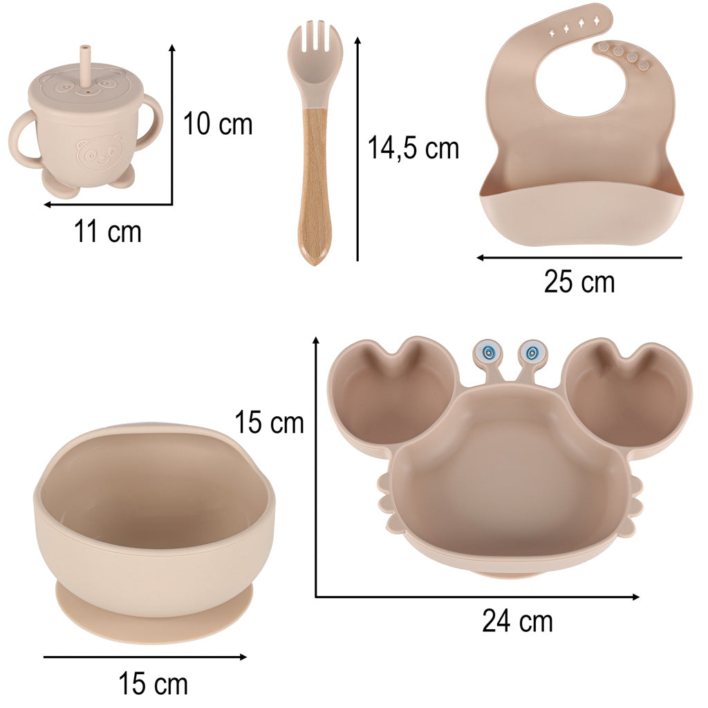 Silikoninių indų rinkinys kūdikiams ir vaikams, krabo formos, 9 dalių, smėlio spalvos