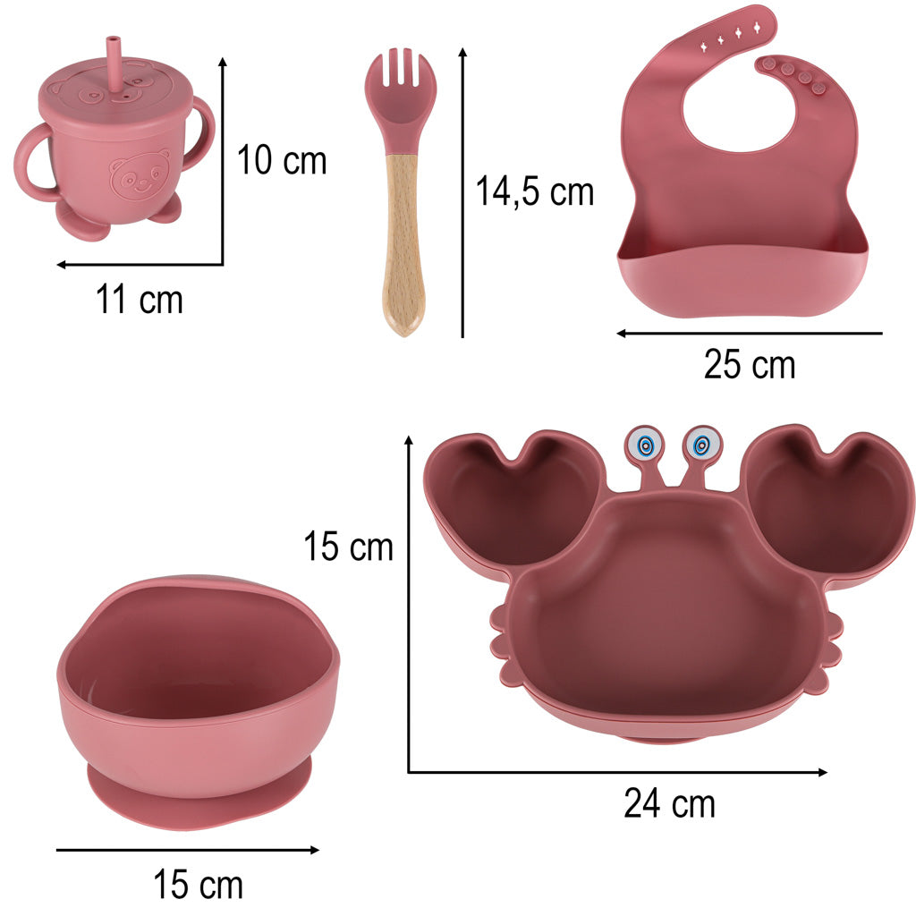 Silikoniniai indai kūdikiams ir vaikams, krabo formos, 9 dalių rinkinys, tamsiai rožinė spalva