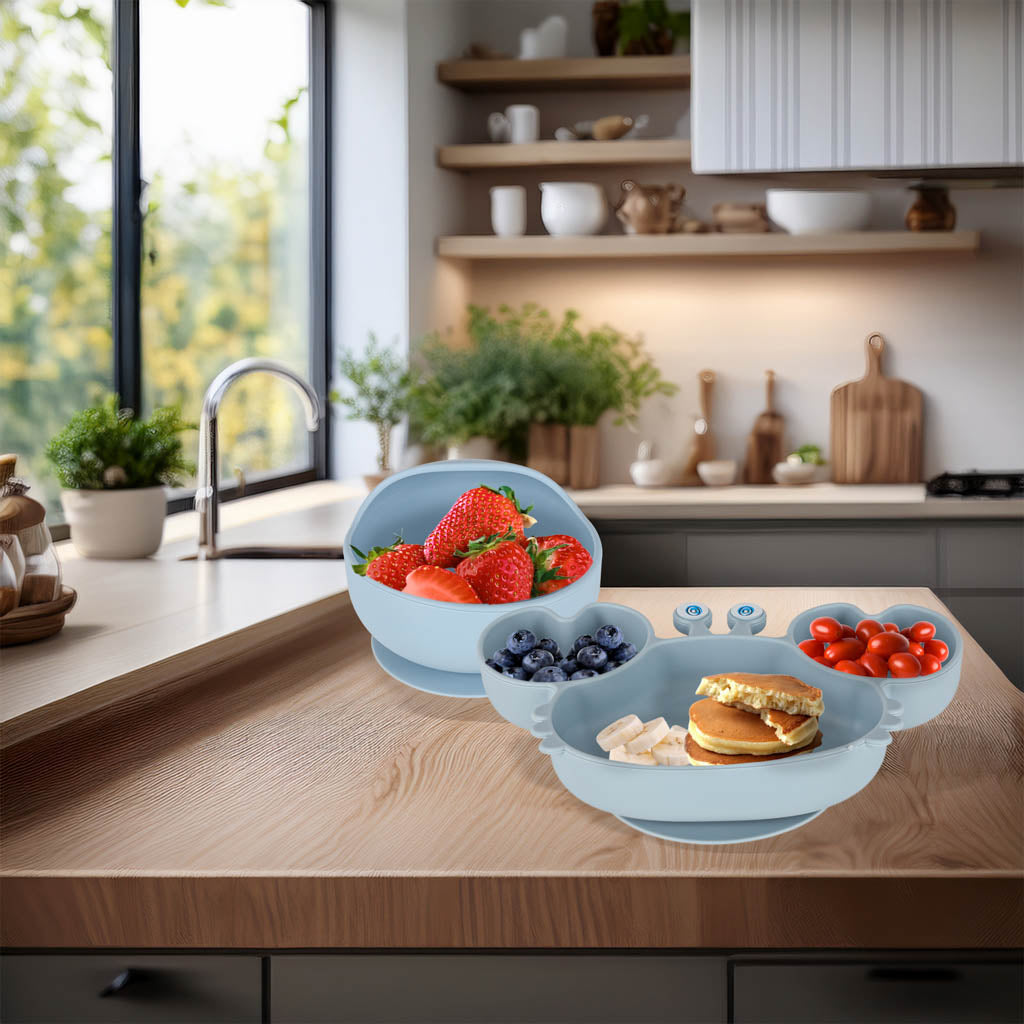 Silikoninių indų rinkinys kūdikiams ir vaikams „Krabas“, 9 dalių, mėlynas