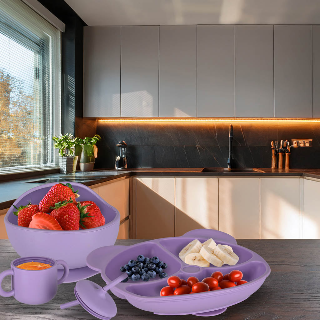 Silikoninių indų rinkinys vaikams, 8 dalių, violetinis