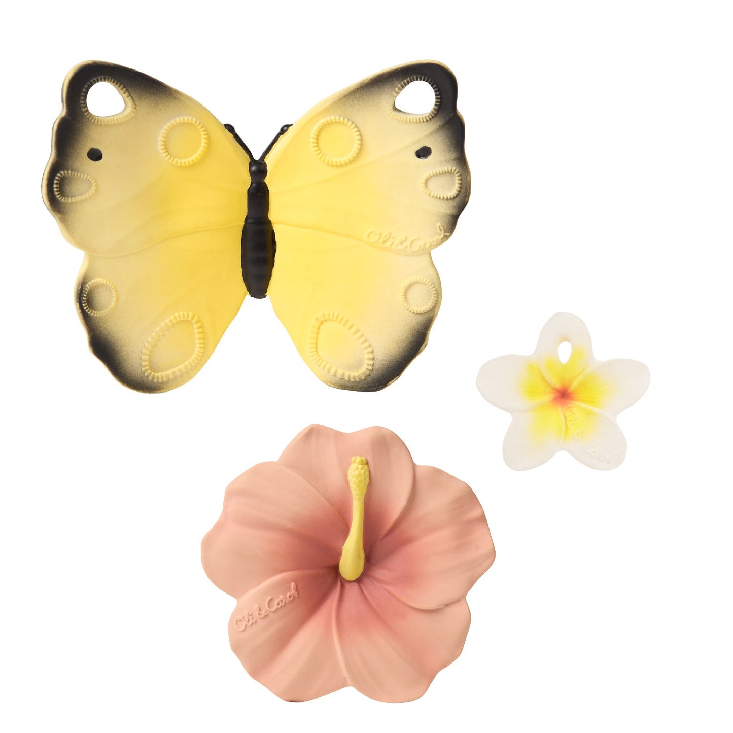 Oli&Carol natūralus dovanų rinkinys naujagimiui: 3 kramtukai – Drugelis ir dvi gėlės – vaizdas 2