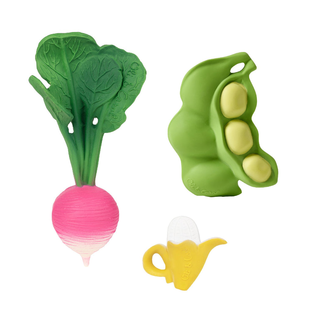 Oli&Carol natūralus dovanų rinkinys naujagimiui: 3 kramtukai – Ridikas, Bananas, Žirniai – vaizdas 2