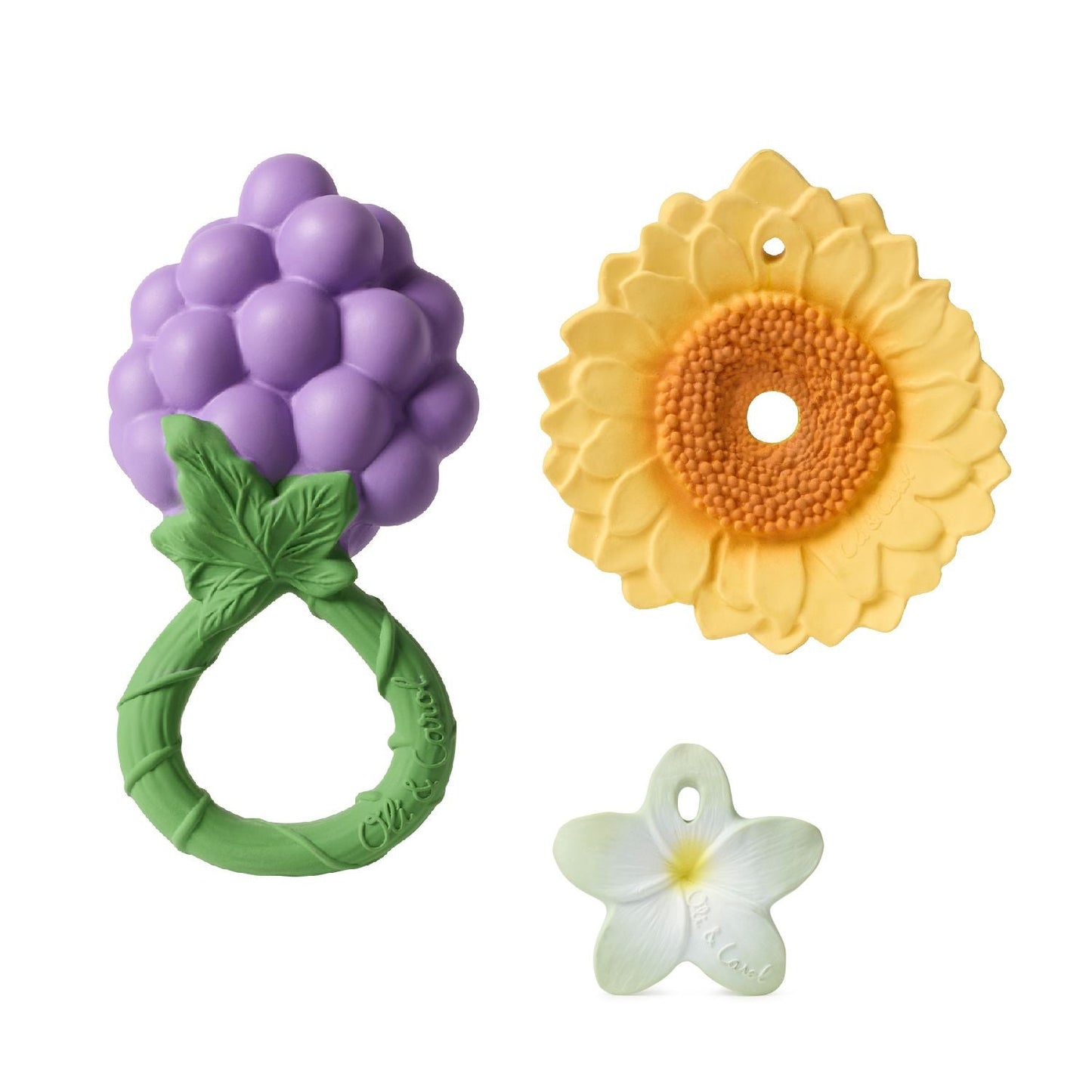 Oli&Carol natūralus dovanų rinkinys naujagimiui: 2 kramtukai ir barškutis – Vynuogė, Saulėgraža, Gėlė – vaizdas 2