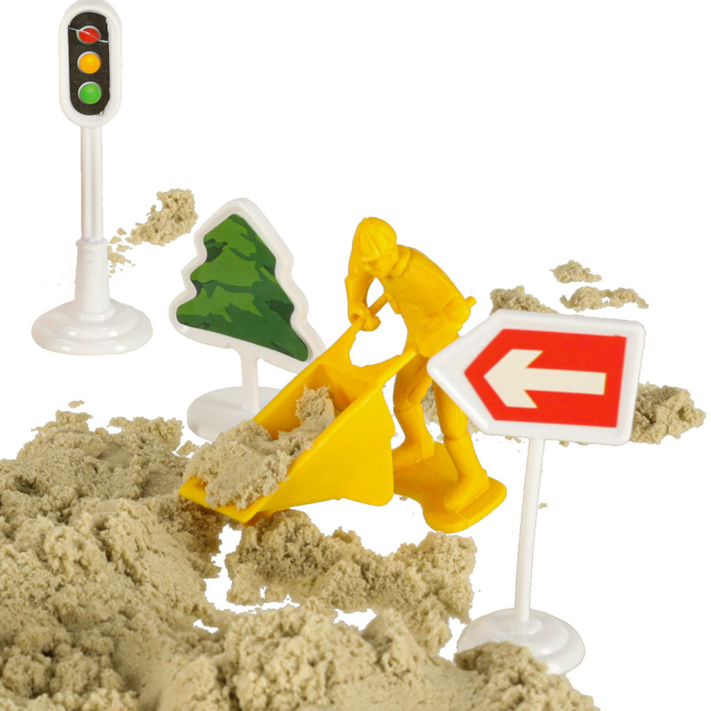 Kūrybinis smėlio rinkinys vaikams: 1100g kinetinio smėlio, pilies elementai, transporto priemonės, formelės ir figūrėlės