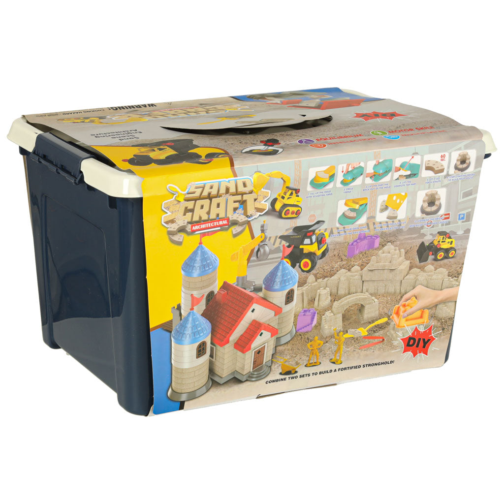 Kūrybinis smėlio rinkinys vaikams: 1100g kinetinio smėlio, pilies elementai, transporto priemonės, formelės ir figūrėlės