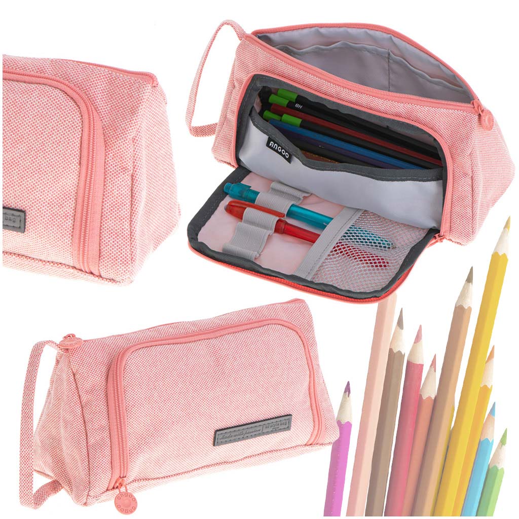 Rožinis mokyklinis penalas-kosmetinė-dėklas 3in1 su dviem skyriais