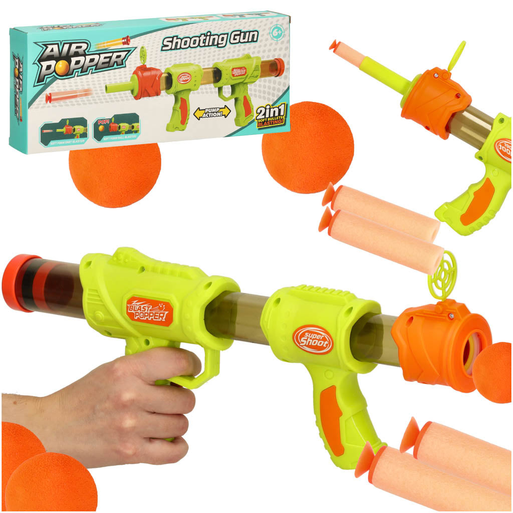 Tvirtas 2in1 žalias pistoletas-karabinas vaikams su putų šoviniais ir šratais