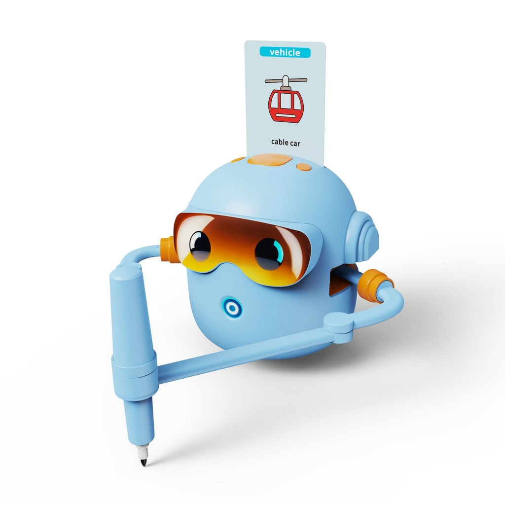 Interaktyvus piešiantis robotas su 100 kortelių ir flomasteriais, mėlynas