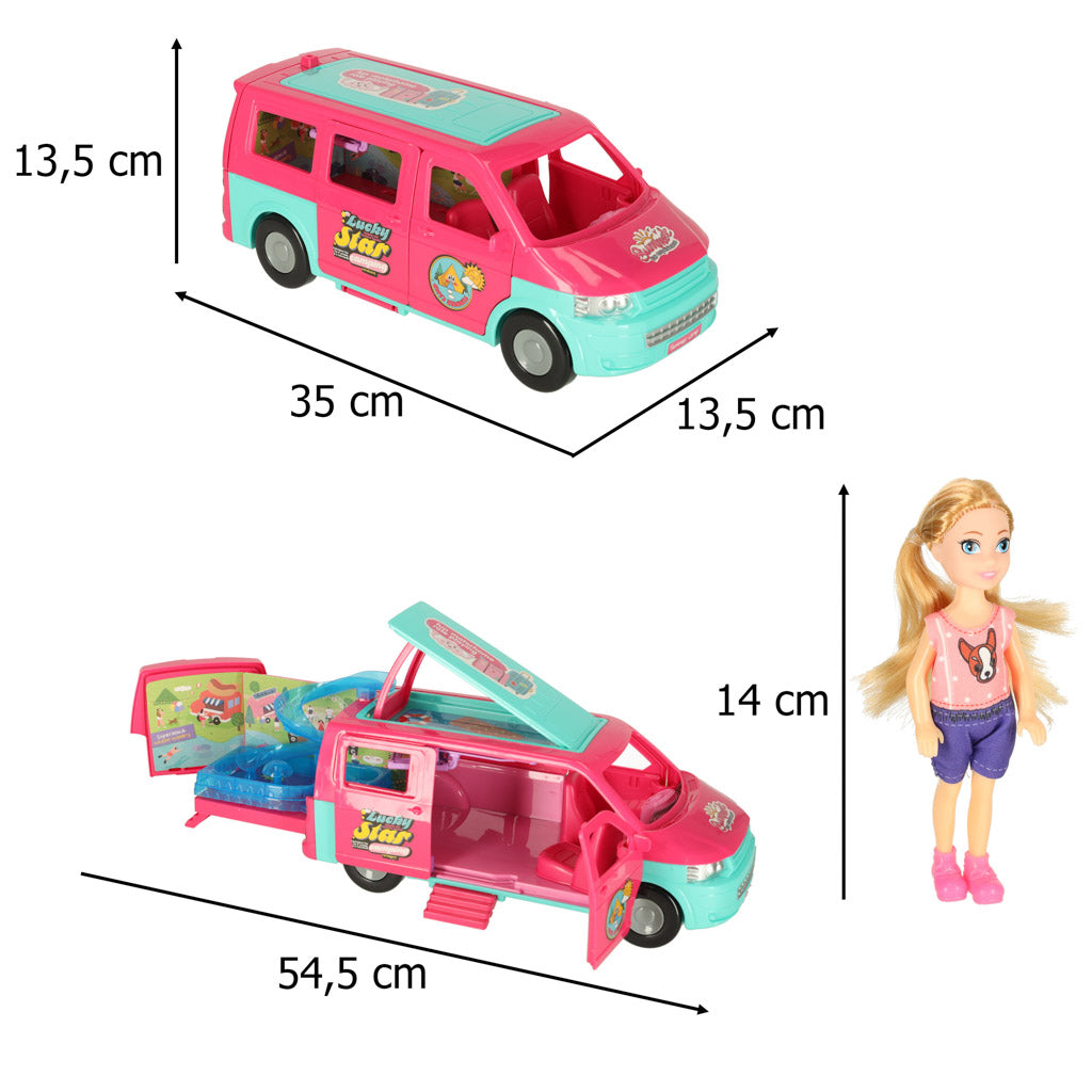 Sulankstomas lėlės kempingo automobilis su baseinu ir priedais