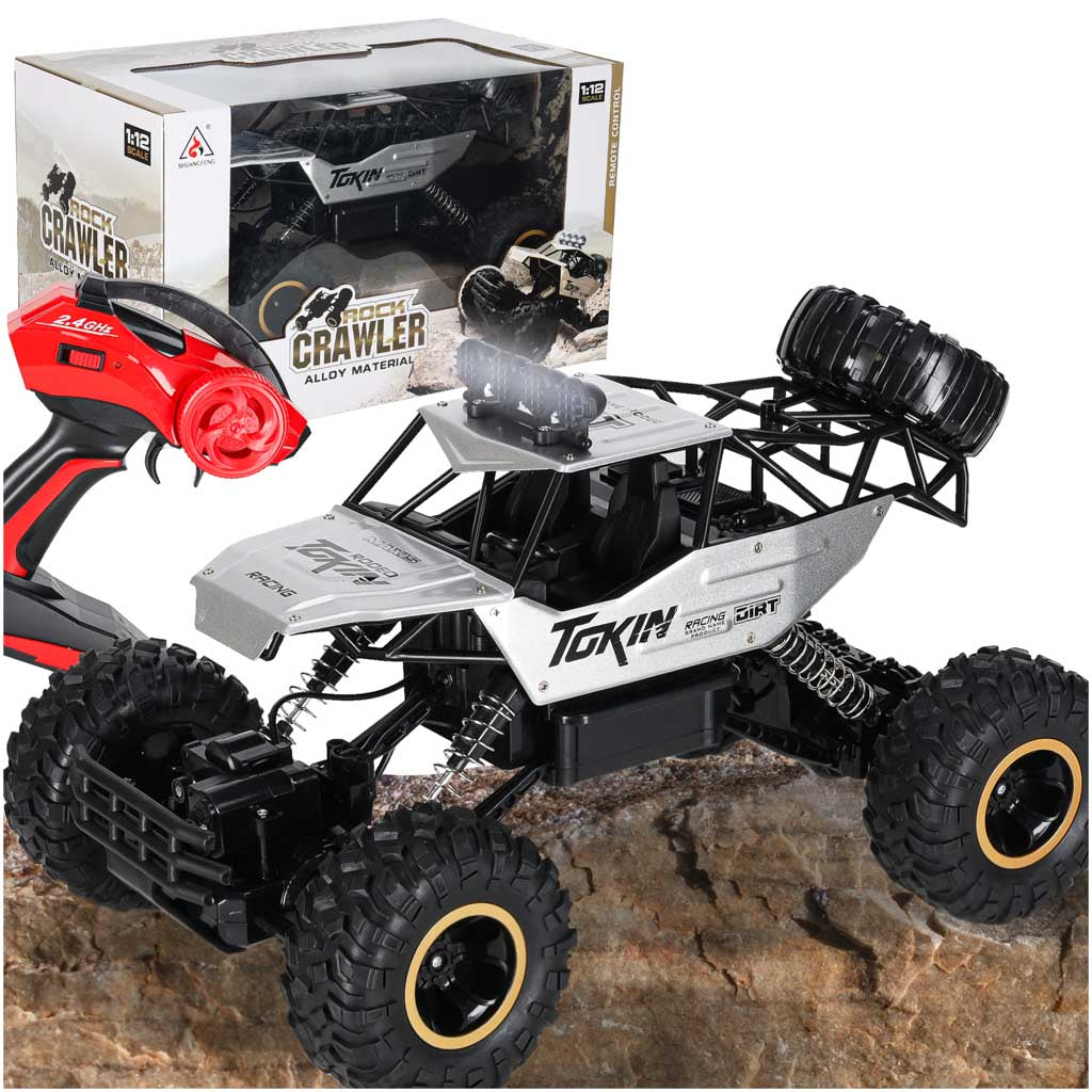 Nuotoliniu būdu valdomas RC Rock Crawler 1:12 4WD metalinis automobilis, sidabrinis