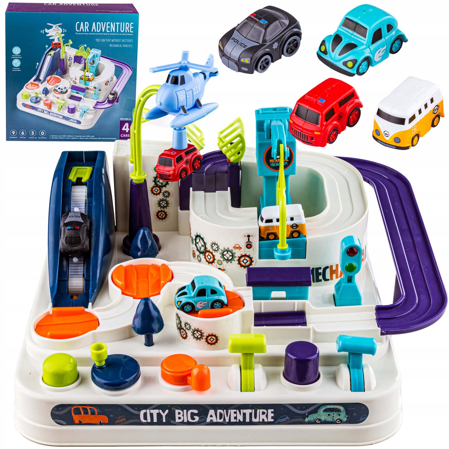 Interaktyvus žaislinių mašinėlių parkavimo ir kliūčių takas su helikopteriu ir tiltu – pagrindinis vaizdas