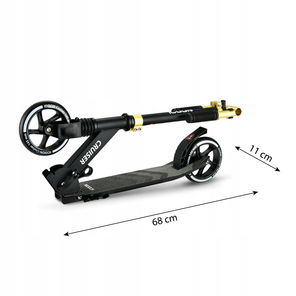 Juodas Paspirtukas Icoon Cruiser, sulankstomas, su amortizatoriumi, reguliuojamas, iki 50 kg