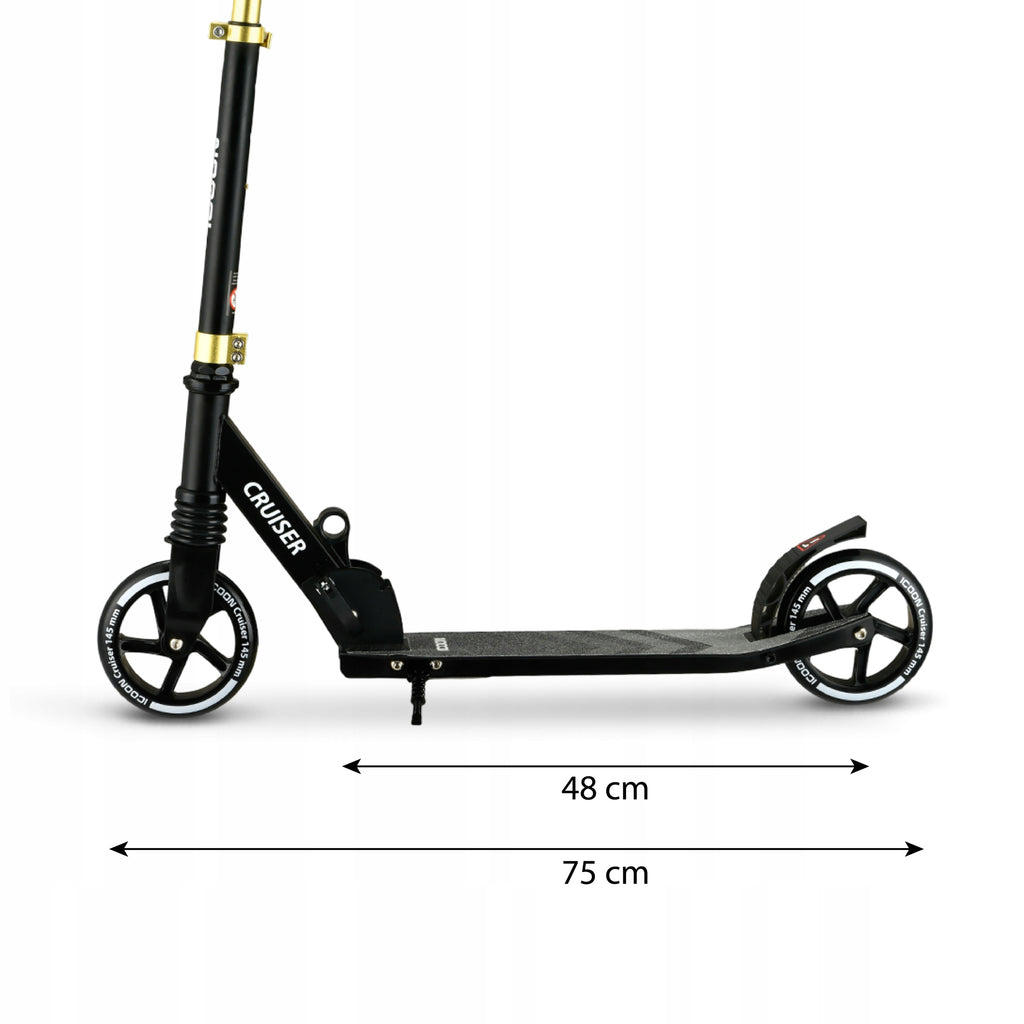 Juodas Paspirtukas Icoon Cruiser, sulankstomas, su amortizatoriumi, reguliuojamas, iki 50 kg