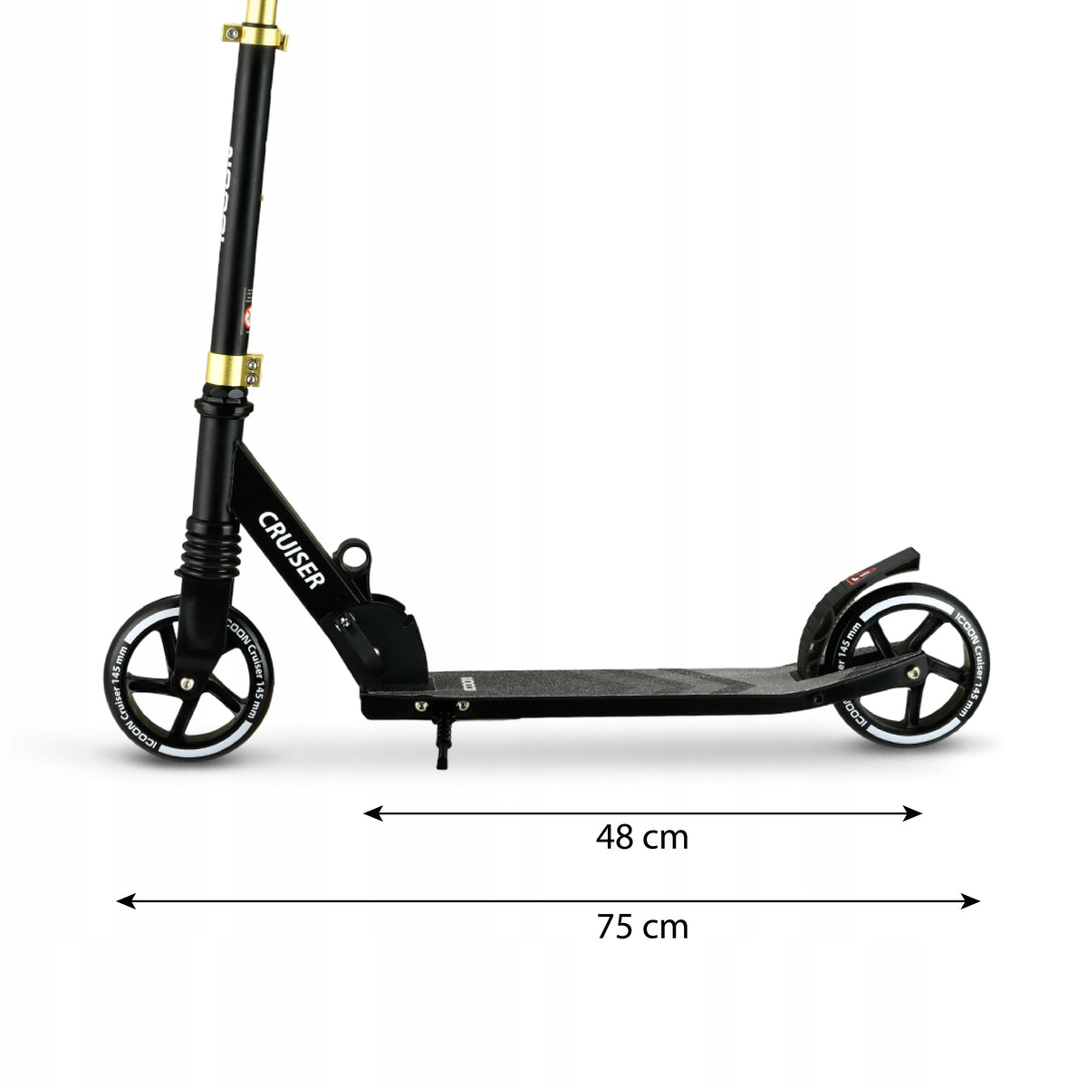 Juodas Paspirtukas Icoon Cruiser, sulankstomas, su amortizatoriumi, reguliuojamas, iki 50 kg