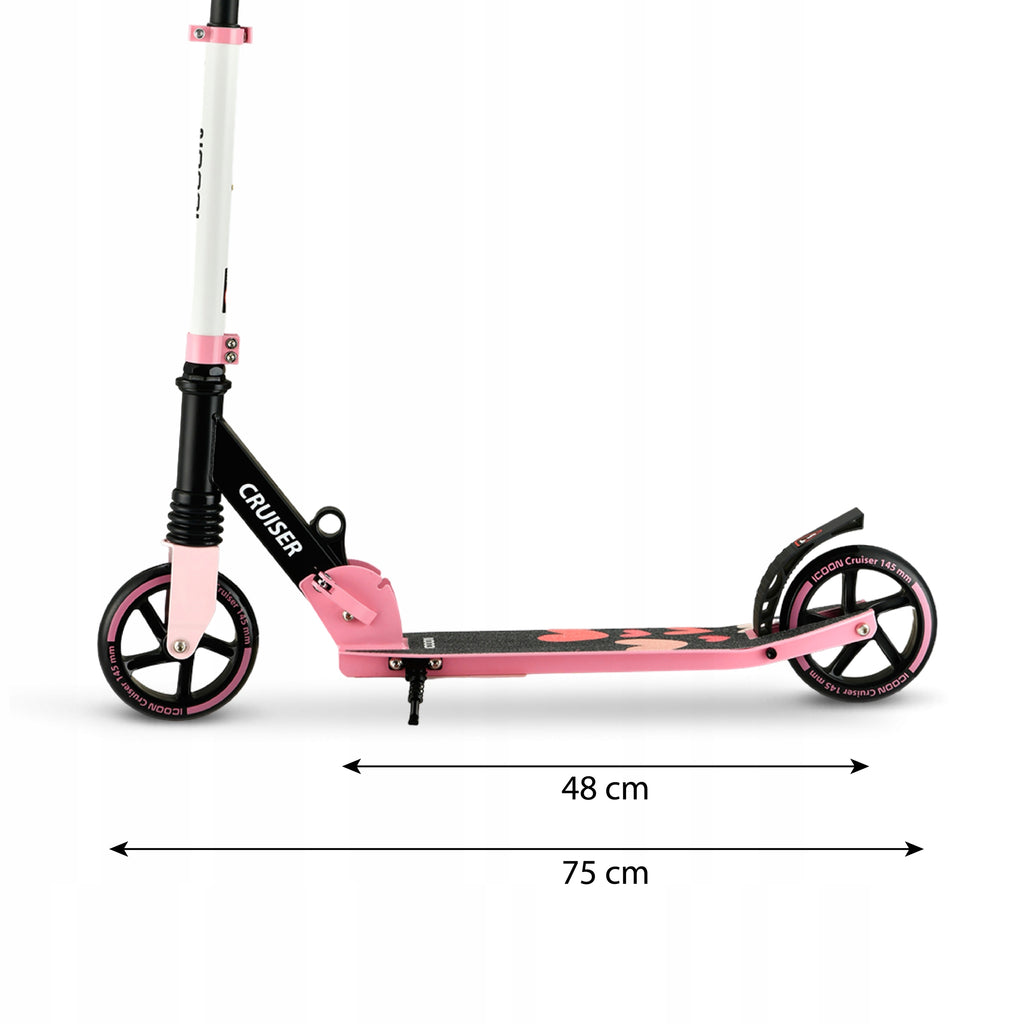 Rožinis Paspirtukas Icoon Cruiser, sulankstomas, su amortizatoriumi, reguliuojamas, iki 50 kg