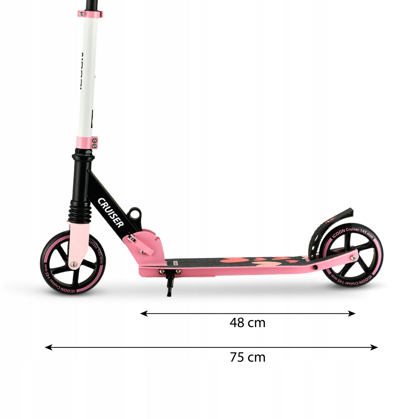 Rožinis Paspirtukas Icoon Cruiser, sulankstomas, su amortizatoriumi, reguliuojamas, iki 50 kg