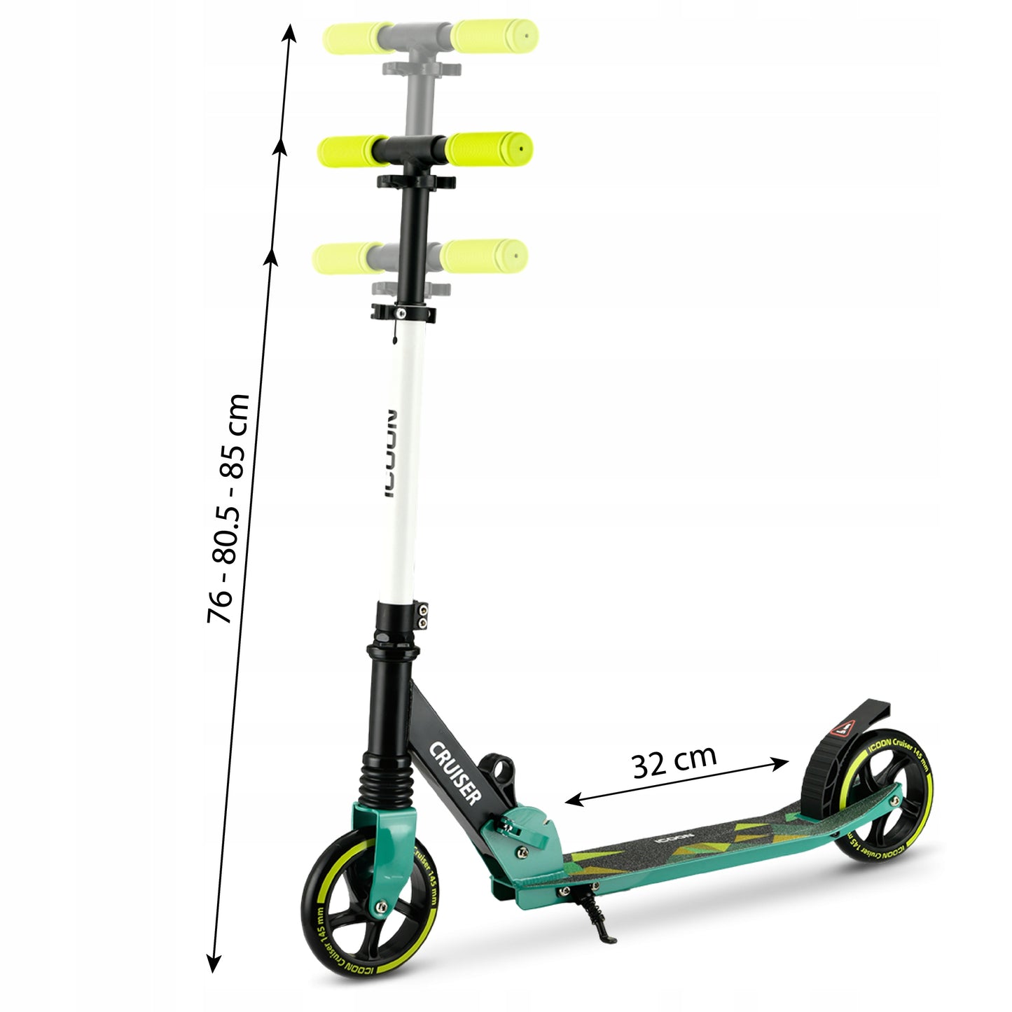 Žalias Paspirtukas Icoon Cruiser, sulankstomas, su amortizatoriumi, reguliuojamas, iki 50 kg