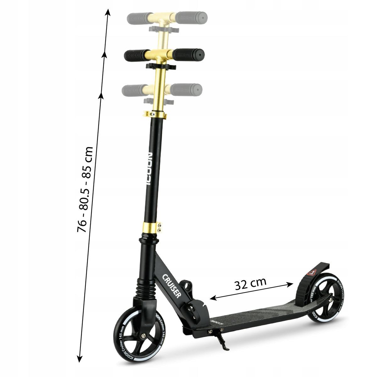 Juodas Paspirtukas Icoon Cruiser, sulankstomas, su amortizatoriumi, reguliuojamas, iki 50 kg