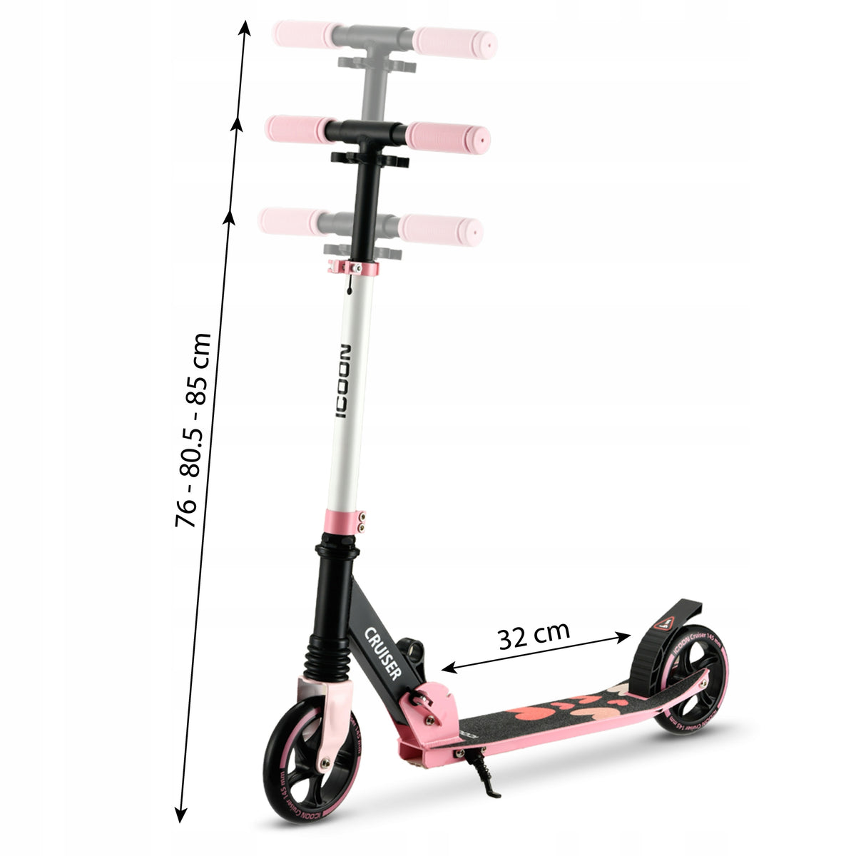 Rožinis Paspirtukas Icoon Cruiser, sulankstomas, su amortizatoriumi, reguliuojamas, iki 50 kg