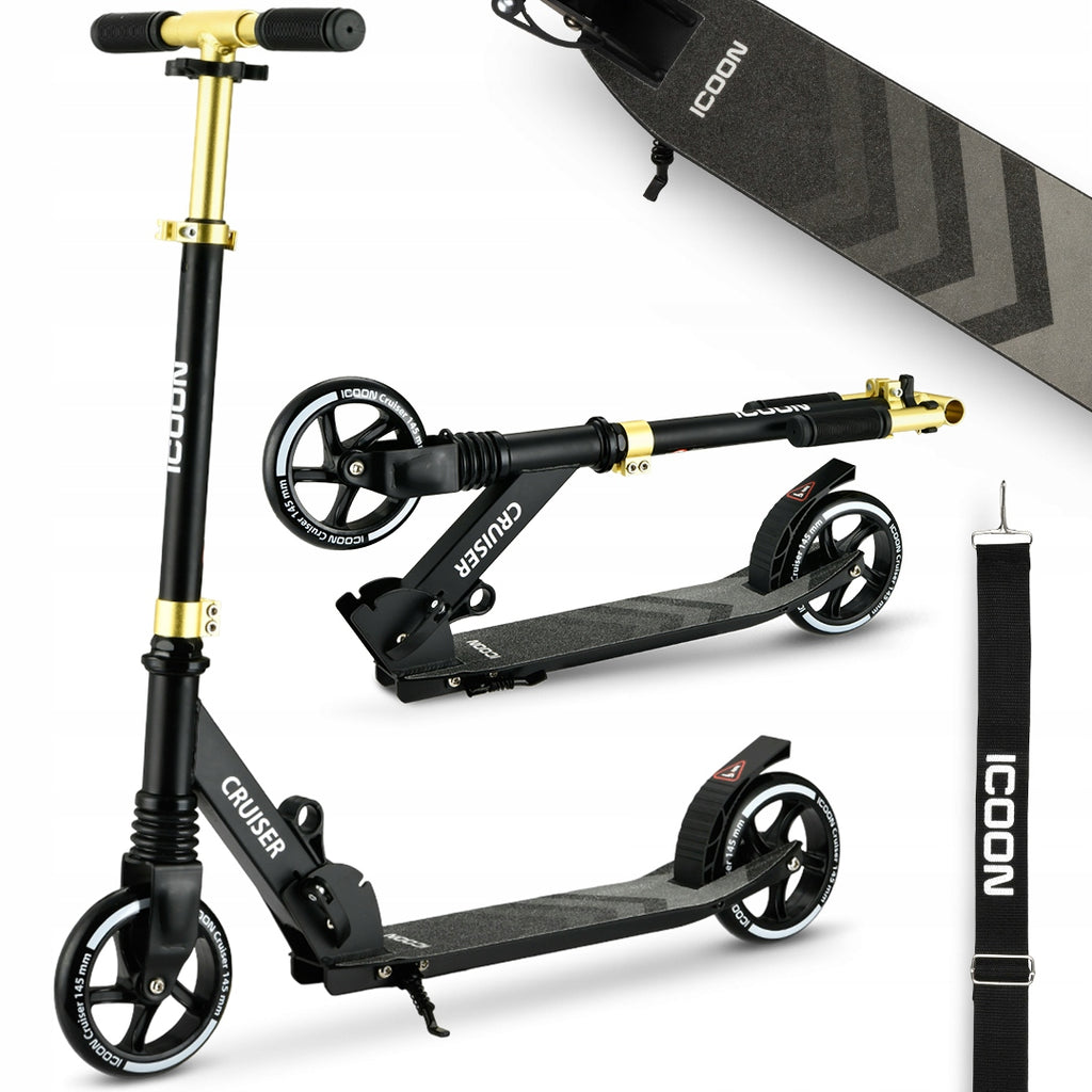 Juodas Paspirtukas Icoon Cruiser, sulankstomas, su amortizatoriumi, reguliuojamas, iki 50 kg