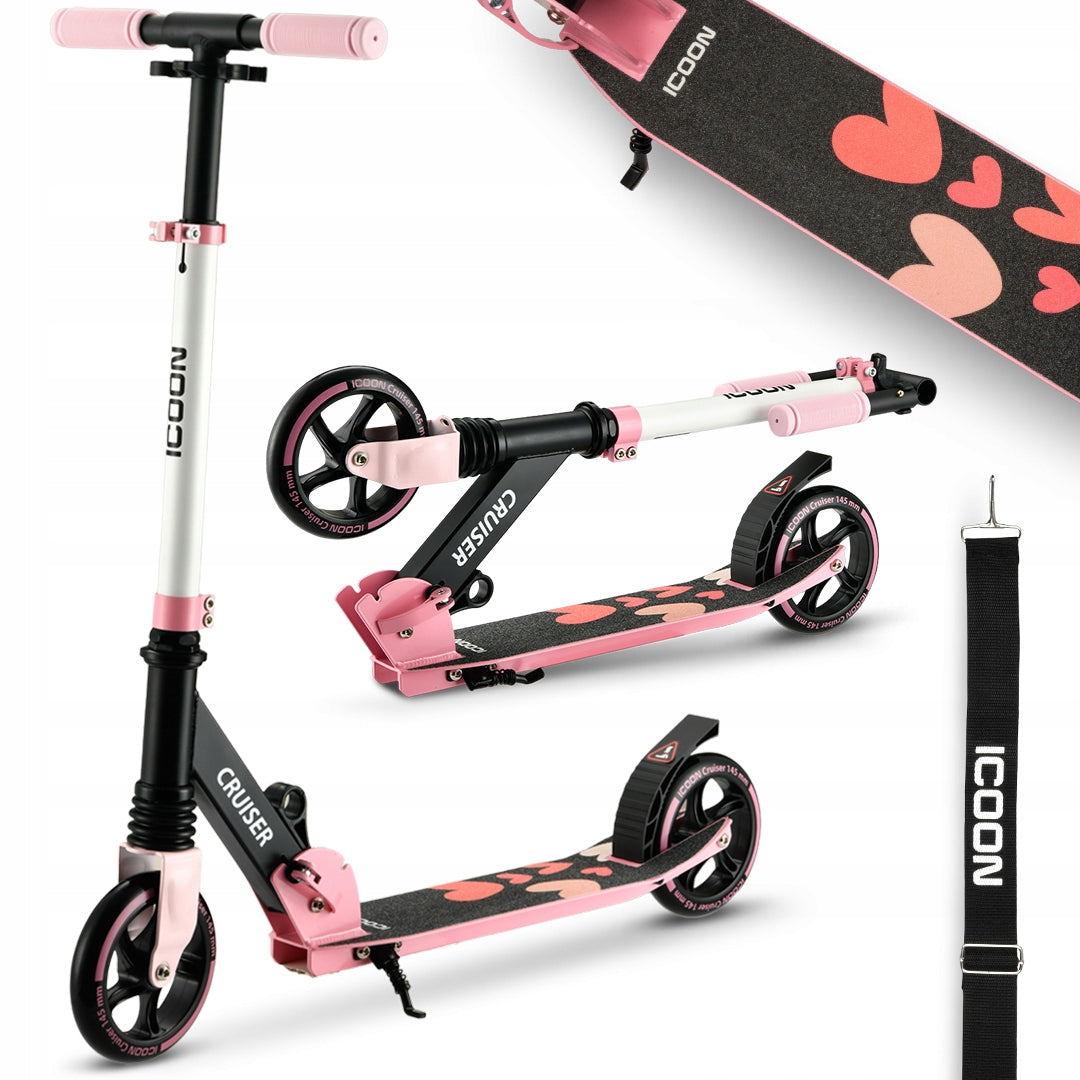 Rožinis Paspirtukas Icoon Cruiser, sulankstomas, su amortizatoriumi, reguliuojamas, iki 50 kg