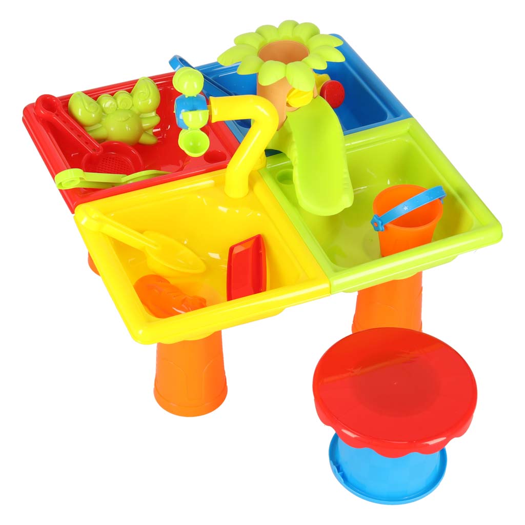 Vandens ir smėlio stalas 2in1 su smėlio takeliu, priedais ir kėdute