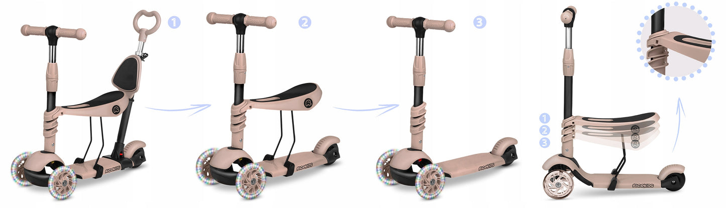 Vaikiškas balansinis triratis-paspirtukas 3in1 Rudas