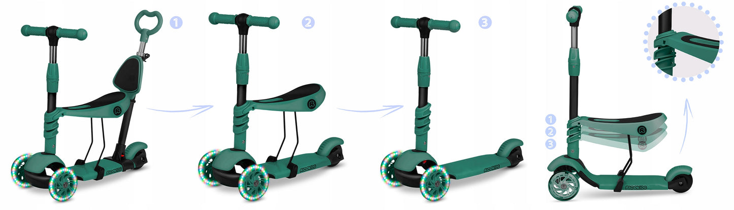 Vaikiškas balansinis triratis-paspirtukas 3in1 Žalias