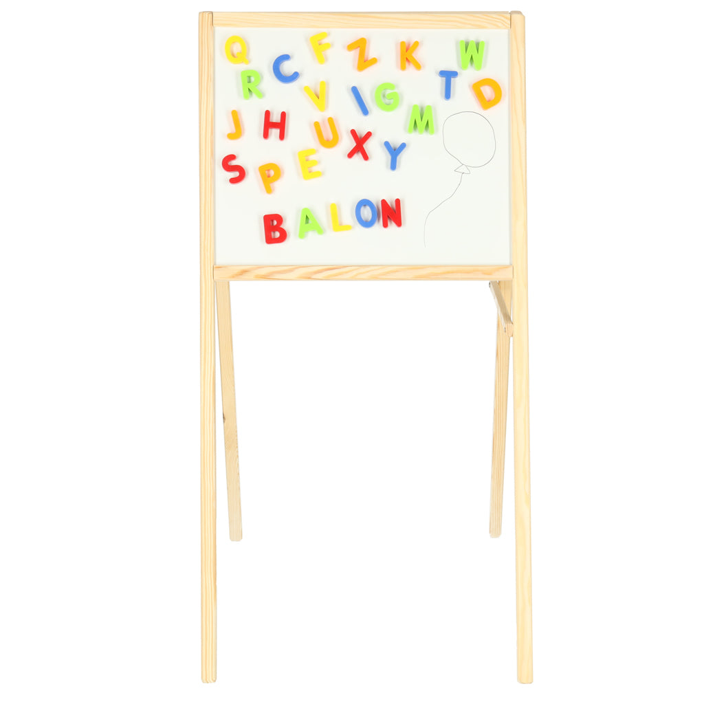 Dvipusė medinė magnetinė kreidinė lenta su raidėmis ir kreida, 43x50x84 cm