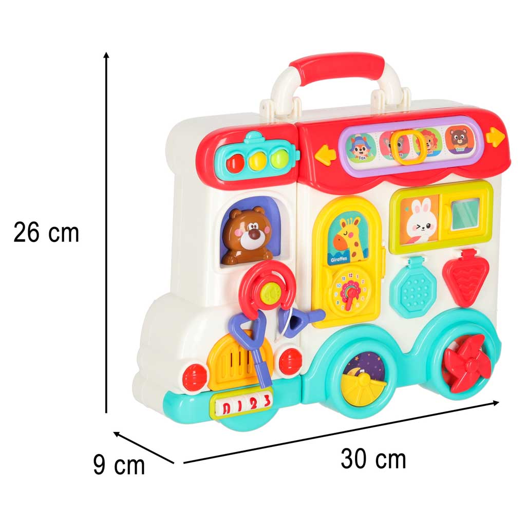 Montessori jutimų lenta lagaminėlyje, autobusiukas su garsu ir šviesa